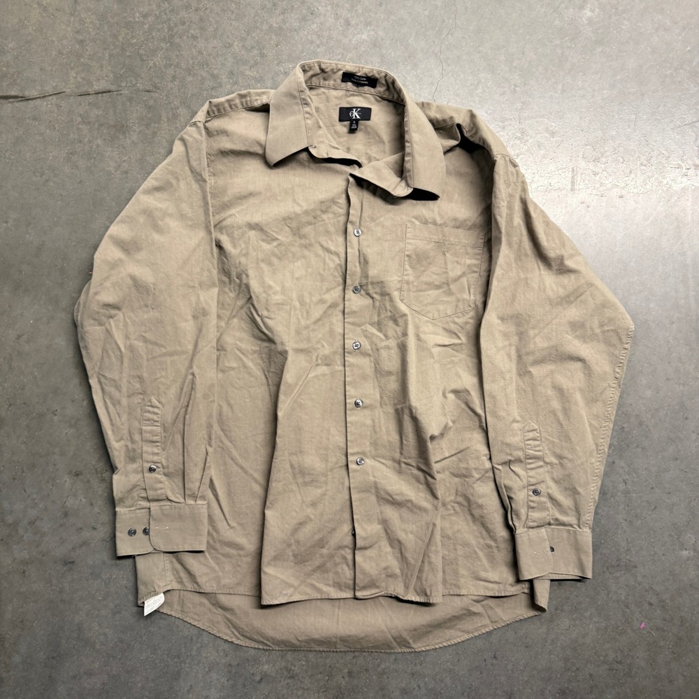 Calvin Klein Mens XL Tan Khaki Cotton Long Sleeve Button Down Shirt 17.5 34/35